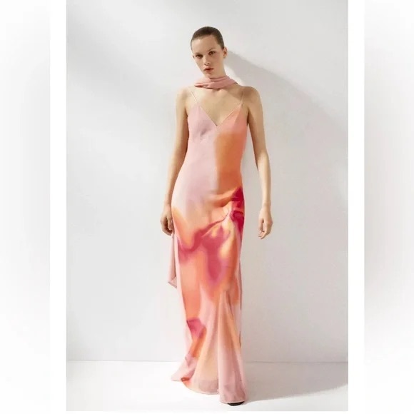 NWT- Zara Pink Printed Maxi Dress with scarf  (Large) - Picture 1 of 4